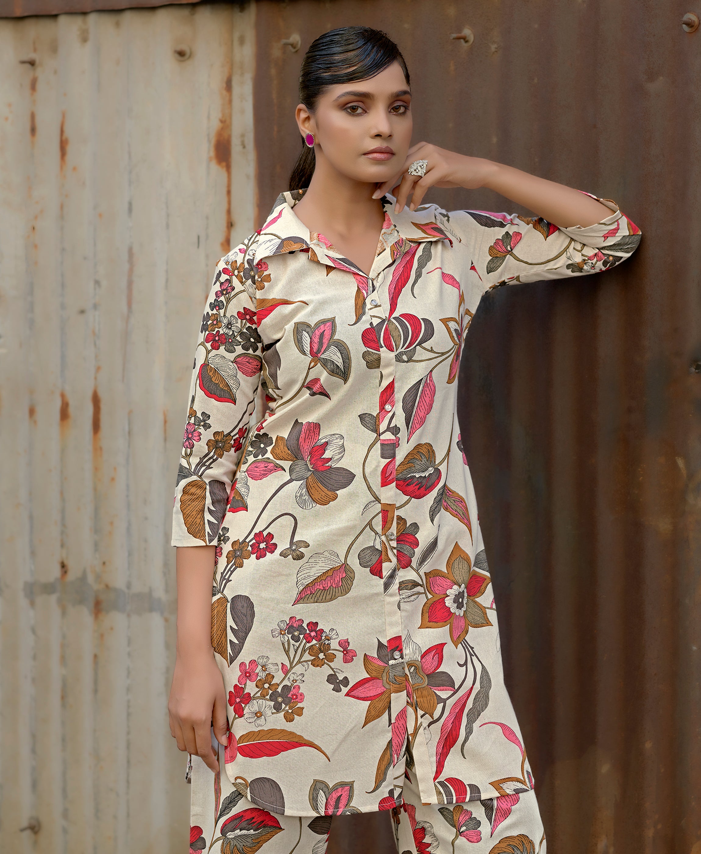 Cream Khadi Cotton Full Length Floral & Leaf Printed Co-ord Set